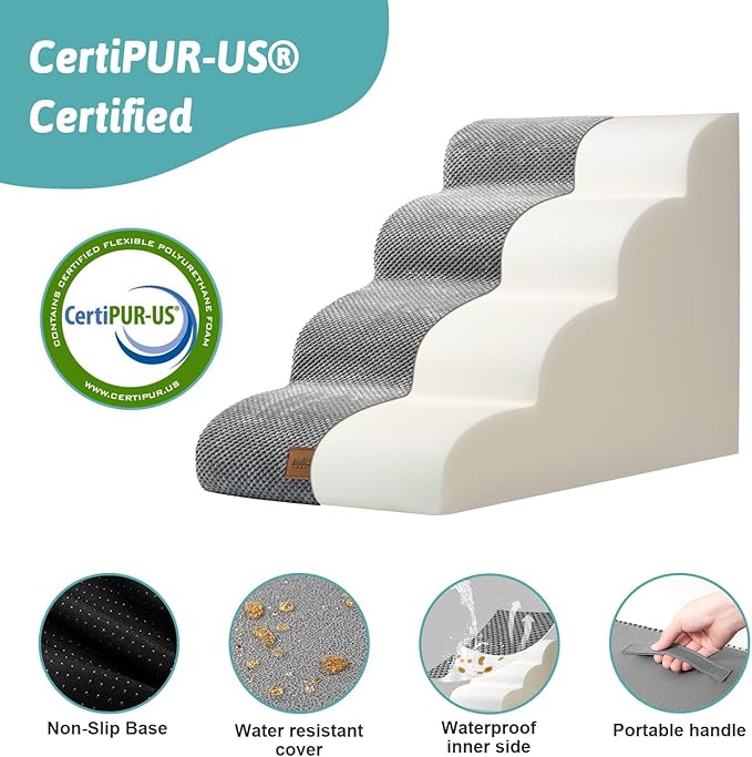 Dog Stairs for Medium Bed 20" H, Small Dogs Ramp with Leakproof Fabric Cover, Foam Pet Steps for Cat, Couch, Sofa, Lightweight, Non-Slip, Durable, Comfort, 15.7x28.3x19.7in, Grey, 4 Steps