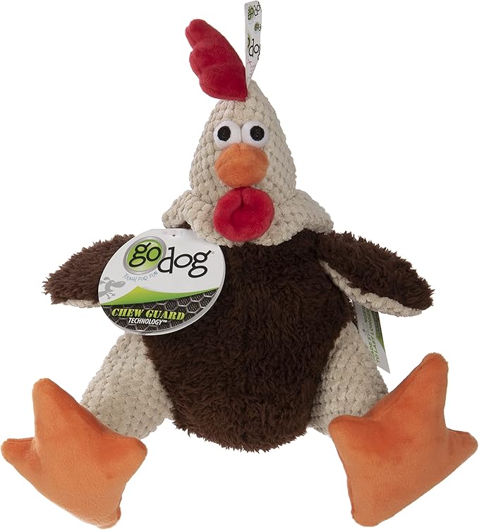 goDog Checkers Fat Rooster Squeaky Plush Dog Toy, Chew Guard Technology - Brown, Large