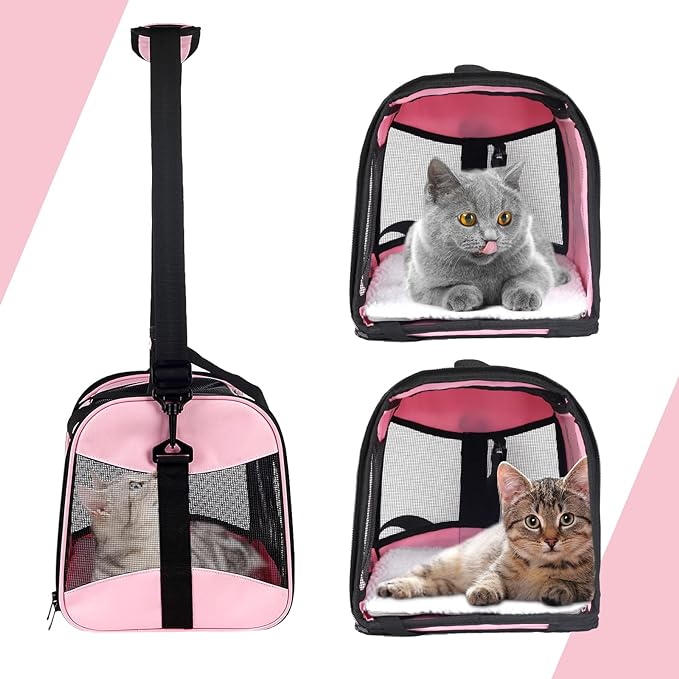 Cat Carrying Case - Pet Carrier Airline Approved, Protable and Breathable Pet Travel Carrier Removable Fleece Pad, Collapsible Cat Carrier Dog Carrier for Medium Cats Small Cats Dogs (Medium, pink)