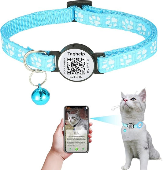 cat Collars with Bell,Cat Collar Breakaway with QR Code Name Tag, Cat ID Tag Personalized, | Easy-to-use tag with QR Code | Shareable Pet Profile | No Subscription or fees (Blue Cute paw Print)