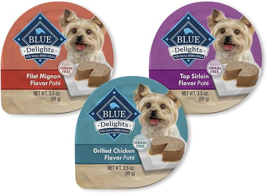 Blue Buffalo Delights Natural Adult Small Breed Wet Dog Food Cups, Pate Style, Chicken, Top Sirloin, and Filet Mignon 3.5-oz (24 Pack- 8 of Each Flavor)