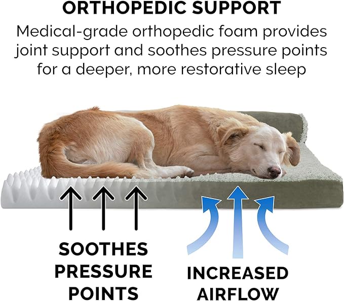 Furhaven Orthopedic Dog Bed for Large Dogs w/ Removable Bolsters & Washable Cover, For Dogs Up to 95 lbs - Two-Tone Plush Faux Fur & Suede L Shaped Chaise - Dark Sage, Jumbo/XL