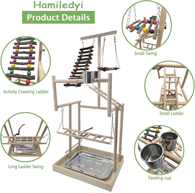 Hamiledyi 4 Layers Large Bird Playground 32" H Pet Parrot Playstand Gym Perch Wood Playpen for Parakeets Lovebirds Conure Cockatiel Cockatoos Finch Budgies or Other Small and Medium-Sized Birds