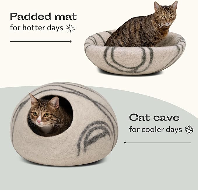 MEOWFIA Premium Felt Cat Bed Cave - Handmade 100% Merino Wool Bed for Cats and Kittens (Light Shades) (Large, Light Grey)