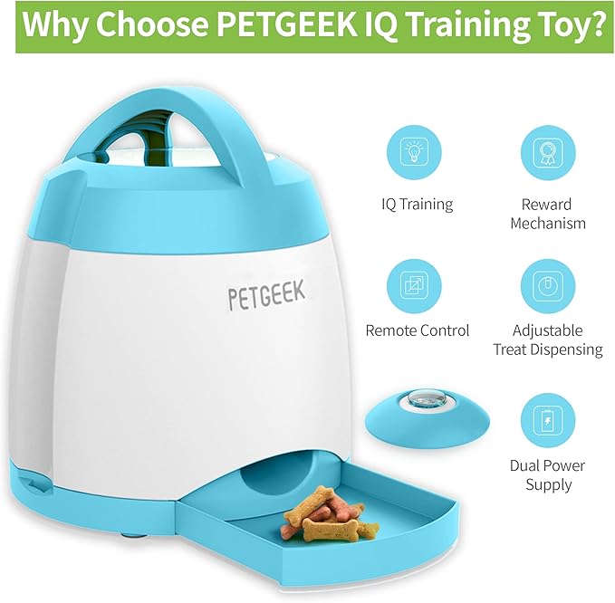 PETGEEK Automatic Dog Feeder Toy, Interactive Dog Puzzle Toys Treat Dispensing, Electronic Dog Food Dispenser Remote Control, Safe ABS Material Pet Toy for All Breeds of Dogs, Blue Color