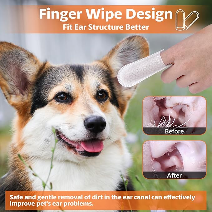 OBSEDE Ear Cleaner Finger Wipes, Grooming Kit Care for Dogs and Cats Regular Soothing Odor Control Reduce Dirt Wax Build Up Pet Supplies Easy to Use Fresh Coconut Scent, 120 Count