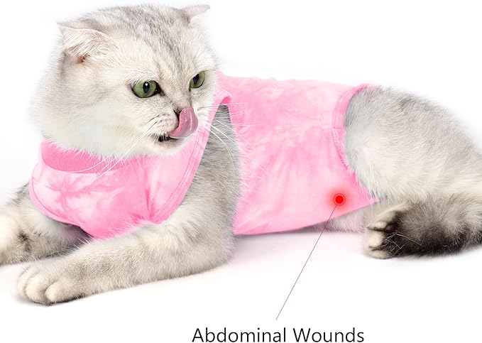 Cat Recovery Suit for Male and Female Surgical Post Surgery Soft Cone Onesie Tie Dye Cats Shirt Clothes Neuter Licking Protective Diapers Outfit Cover Kitten Spay Collar Alternative(Pink, L)