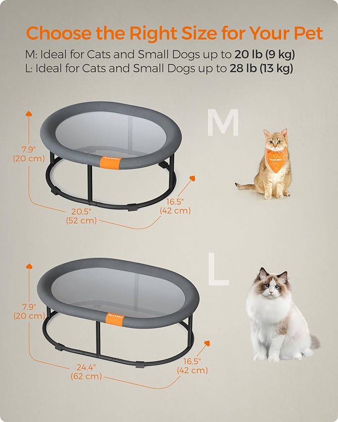 Feandrea Pet Bed, Elevated Cat Bed for Average Cats, Dog Bed for Miniature Dogs, with Removable Washable Mesh, for Pets up to 20 lb, Oval, Gray UPCB001G01