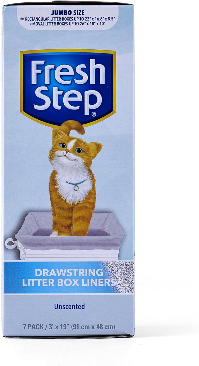 Fresh Step Drawstring Cat Litter Box Liners, Unscented, Jumbo Size, 36" x 19" - 7 Count | Kitty Litter Bags, Cat Litter Liners for All Cats to Keep Your Home Clean