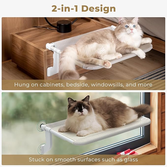 2-in-1 Cat Window Perch, One-Key Adjustment Cat Window Hammock with 4 Suction Cups and Removable Fabrics Cover for Large Cats, Cat Perch for Windowsill, Bedside, Drawer (X-Large Size)