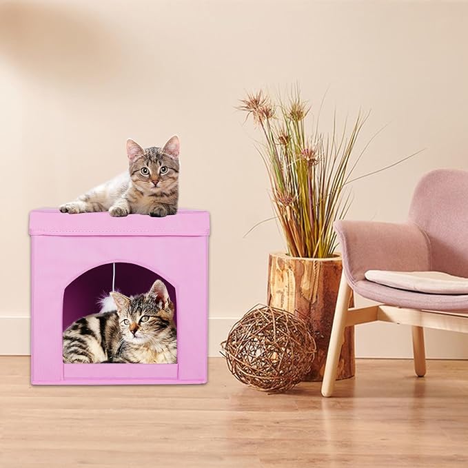 ShellKingdom Collapsible Cat House, Foldable Kitty Cat Cube and Cat Cave with Bed, Cat Stool Condo for Indoor Cats Gifts, 13 x 13 x 13 inches (Pink)