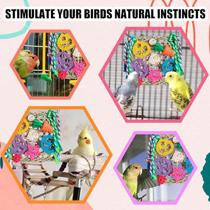 Parrot Toys, 2 Pcs Foraging Shredding Seagrass Wall for Birds, Seagrass Woven Climbing Hammock Mat with Colorful Chewing Toys for Lovebirds, Parakeets, Budgerigars, Conure, Cockatiel