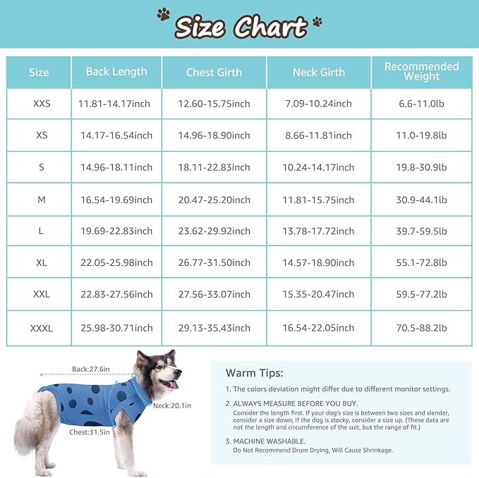 Dog Recovery Suit, Professional Dog Surgery Suit Post Spay, Neuter, Abdominal Surgical Suit for Male Female Dogs Can Pee, Prevent Licking Soft Breathable Cotton Covers Wound (Blue, XXX-Large)