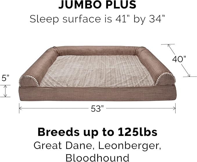 Furhaven Orthopedic Dog Bed for Large Dogs w/ Removable Bolsters & Washable Cover, For Dogs Up to 125 lbs - Luxe Faux Fur & Performance Linen Sofa - Woodsmoke, Jumbo Plus/XXL