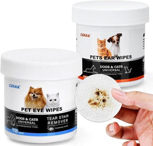 Dog Ear Eye Cleaner Wipes,300 Count Cat Eye Ear Cleaning Wipes,Pet Wipes,150pcs Tear Stain Remover Wipes+150pcs Ear Wax Wipes,Non-Irritating,Dog&Cat Universal,Eliminate Odor