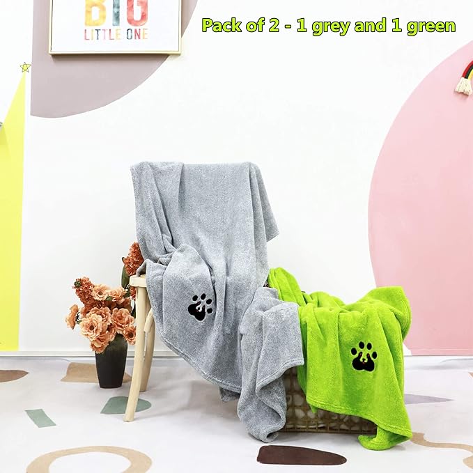 Extra Large Dog Towels for Drying Dogs - Pack of 2 - Super Absorbent Soft Microfiber Pet Bath Grooming Towel for Dogs and Cats & Other Pets (XL-55" * 36", Green and Gery)