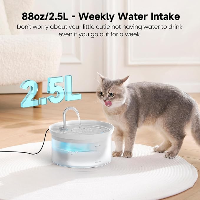 Cat Water Fountain: 88Oz Pet Water Fountains Indoor 24/7 Running Water Supplies Dispenser for Drinking Dish Automatic Dog Waterer Bowls Flow Ultra Quiet Pump with Filters Faucet Bottle Watering(White)