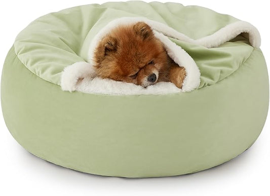 Lesure Small Dog Bed with Cover Cave - Covered Round Puppy Bed with Hooded Blanket, Machine Washable Burrow Pet Bed for Small Dogs and Cats, Cuddler Cozy Cave Dog Bed with Anti-Slip Bottom, Green 23"