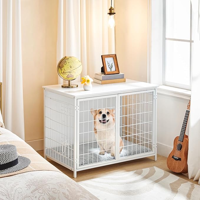 Dog Crate Furniture with Cushion, Wooden Dog Kennel with Double Doors, Heavy Duty Dog Cage for Small/Medium/Large Dogs, Indoor Dog House End Table, 31.5" L, White DCBW0701