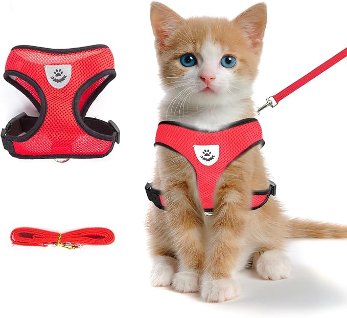 Summer cat Chest Harness and Leash, Anti-Escape Adjustable Soft mesh cat Leash and Chest Harness Set for All Types of Cats cat Vests (Size S,Red)