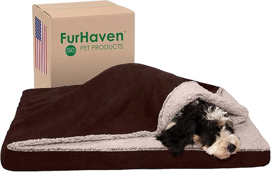 Furhaven Orthopedic Dog Bed for Large/Medium Dogs w/ Removable Washable Cover, For Dogs Up to 55 lbs - Berber & Suede Blanket Top Mattress - Espresso, Large