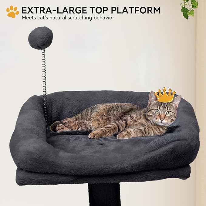 YITAHOME 64.5" Cat Tree, Multi-Level Cat House, Large Cat Condo Furniture with Perch Hammock, Scratching Posts and Dangling Balls for Kittens, Cats and Pets,Dark Gray