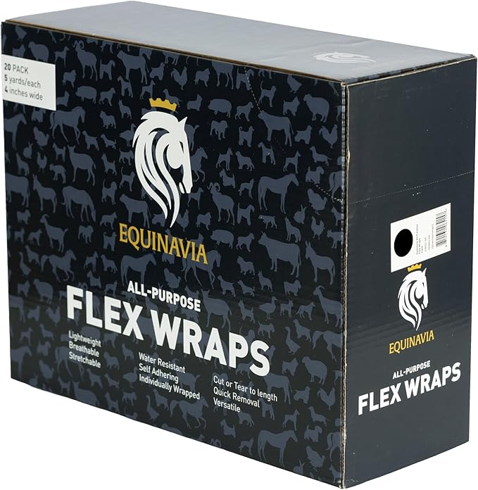 Equinavia 20 Pack Self Adhesive 4 Inch Vet Wraps with Easy-Dispenser Case | Bandages for Horses, Pets, Sports, Tattoo - Black - 20 x 5 yd - Blue - 20 x 5 yd