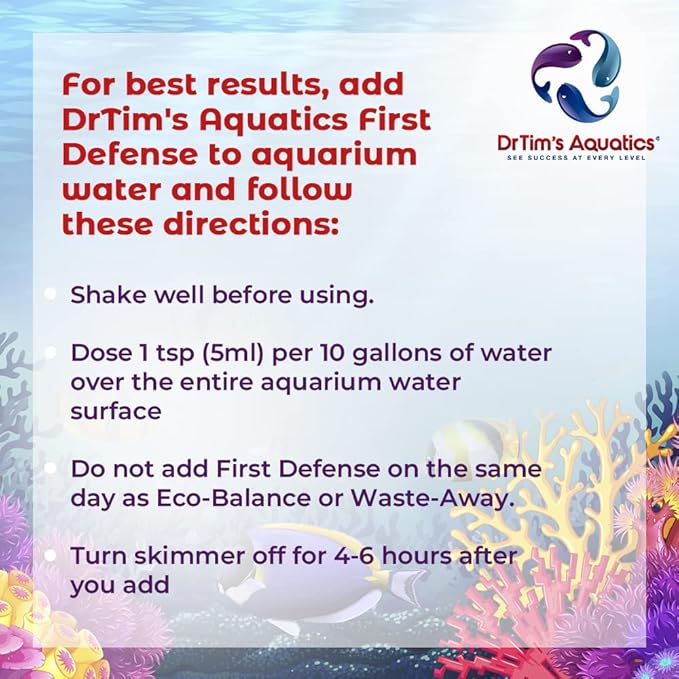 DrTim's Aquatics First Defense for Reef Aquariums – Stress Relief & Immune System Support with Vitamins Immunostimulants Fish Tanks - 32 oz.