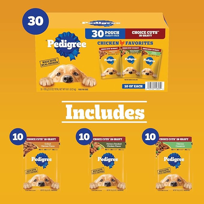 Pedigree Choice Cuts in Gravy Adult Soft Wet Dog Food Variety Pack, 3.5 oz Pouches, 30 Count