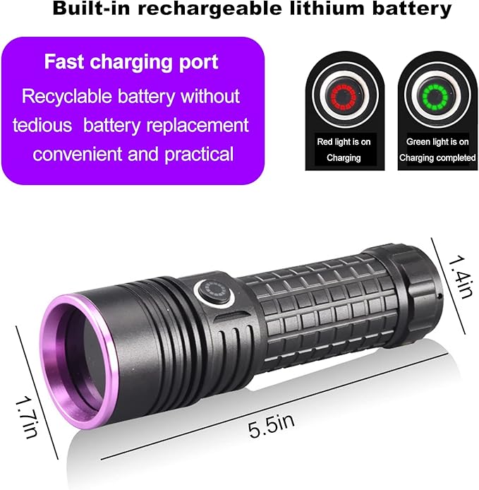 365nm Uv Flashlight,Black Light Flashlight Rechargeable Powerful,Pet Urine Detector Light for Dog Cat,Rock Hunting,Resin Curing,Looking for a Scorpion...(Batteries are Included)