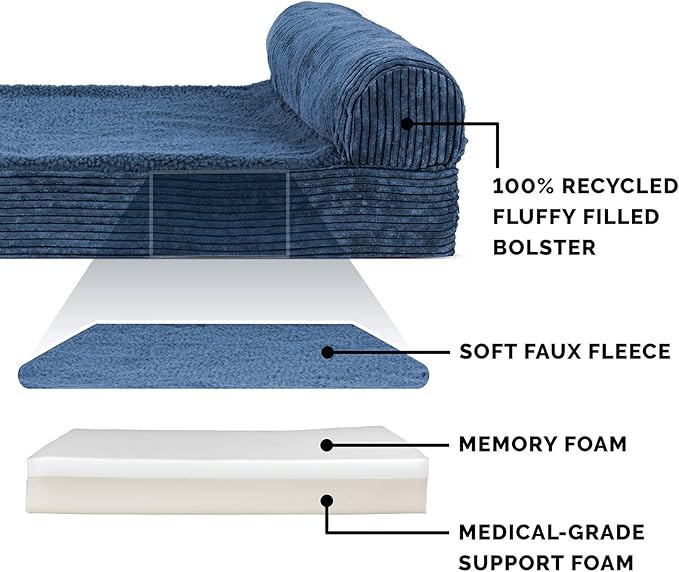 Furhaven Memory Foam Dog Bed for Large Dogs w/ Removable Bolster & Washable Cover, For Dogs UP to 125 lbs - Fleece & Corduroy Bolster Chaise - Navy, Jumbo Plus/XXL