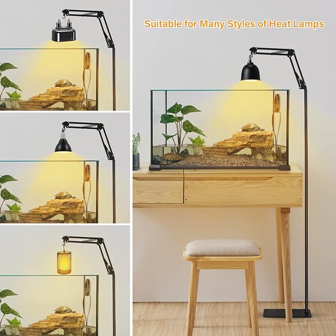 Reptile Heat Lamp Stand with 3 Adjustable Height and 360° Rotation Swing Arm Metal Hook Included for Bearded Dragon Turtle Gecko and Puppies 15.7inch to 74.3inch…