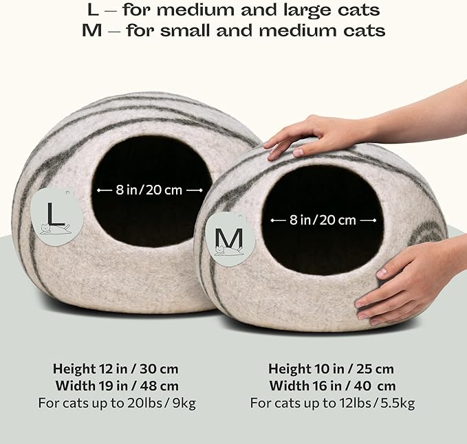 MEOWFIA Premium Felt Cat Bed Cave - Handmade 100% Merino Wool Bed for Cats and Kittens (Light Shades) (Large, Light Grey)