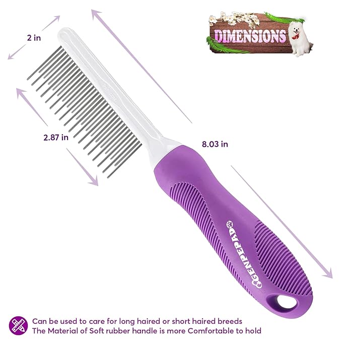 Grooming Comb for Dogs and Cats with Matted Hair, Detangling Pet Comb with Long and Short Stainless Steel Metal Fine Teeth for Removing Mats, Tangles, Knots & Loose Fur from The Undercoat