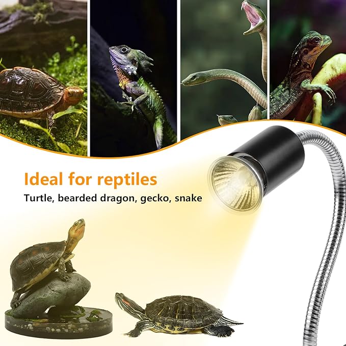 Reptile Heat Lamp with Clamp (Cycle Timer), Turtle UVA UVB Light Bulb-2 Pack 50W, 360°Rotatable Basking Lamp for Tortoise, Lizard, Beared Dragon