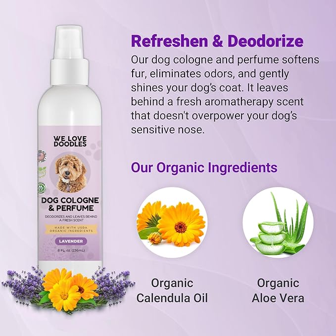 We Love Doodles Dog Cologne & Perfume, Deodorizing, USDA Organic Ingredients, Made In USA, Long Lasting After Bath, Deodorant For Smelly Dogs, Pawfume For Pets, Odor Eliminator Spray, Lavender, 8 OZ