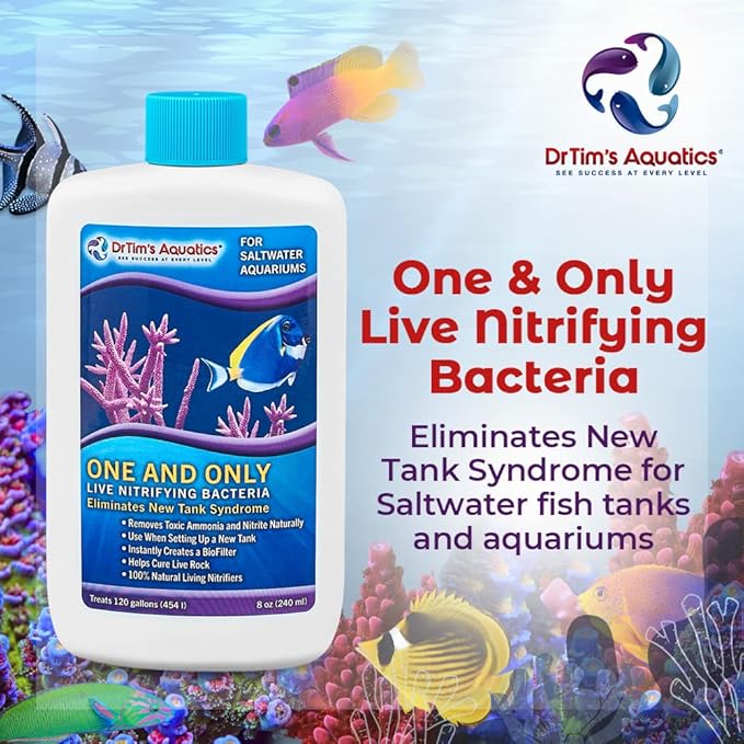 Dr. Tim’s Aquatics Saltwater One & Only Nitrifying Bacteria – For New Fish Tanks, Aquariums, Water Filtering, Disease Treatment – H20 Pure Fish Tank Cleaner – Removes Toxins – 8 Oz.