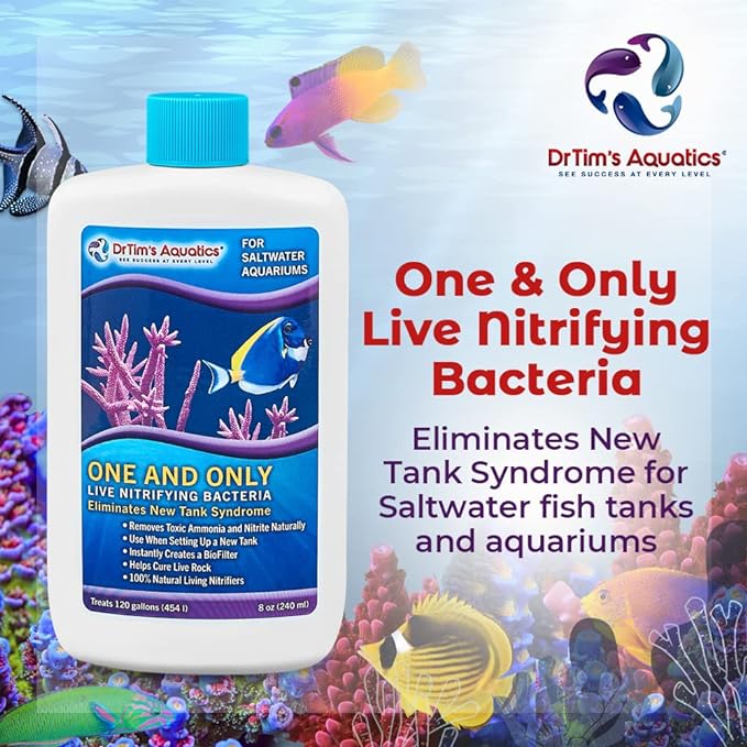 Dr. Tim’s Aquatics Saltwater One & Only Nitrifying Bacteria – For New Fish Tanks, Aquariums, Water Filtering, Disease Treatment – H20 Pure Fish Tank Cleaner – Removes Toxins – 16 Oz.