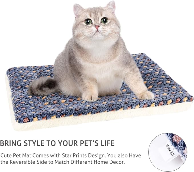 Mora Pets Cat Bed Dog Crate Pad Ultra Soft Pet Bed with Cute Star Print Washable Crate Mat for Small Dogs and Indoor Cats Reversible Fleece Kennel Pad Cat Carrier Mat 14 x 17.5 inch Dark Blue