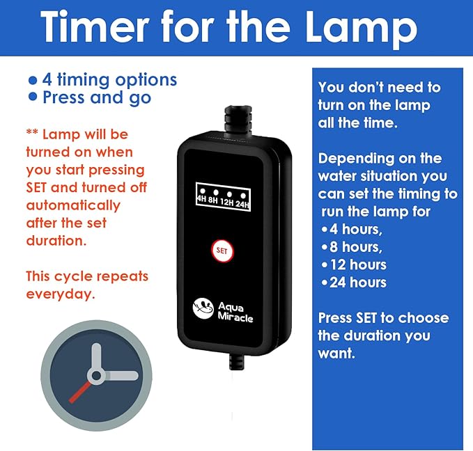 AquarMiracle U-VC Light for Aquarium with Timer, Amphibian Aquarium U-V Light for in-line and in-tank Use, Green Boom Clean Light, 6W, for Aquariums 20-40 Gallons(6W)