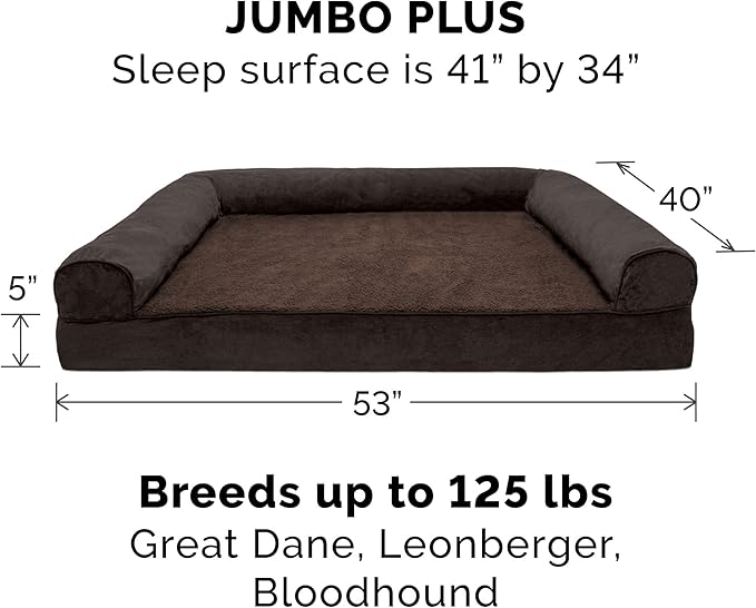 Furhaven Orthopedic Dog Bed for Large Dogs w/ Removable Bolsters & Washable Cover, For Dogs Up to 125 lbs - Sherpa & Chenille Sofa - Coffee, Jumbo Plus/XXL