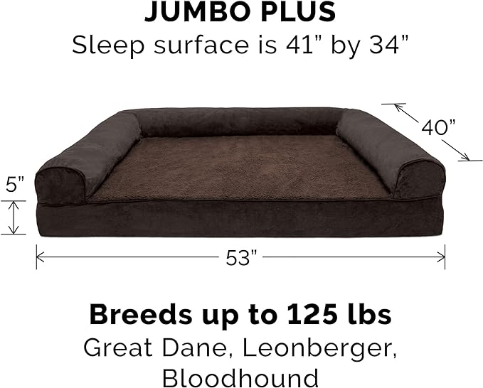 Furhaven Cooling Gel Dog Bed for Large Dogs w/ Removable Bolsters & Washable Cover, For Dogs Up to 125 lbs - Sherpa & Chenille Sofa - Coffee, Jumbo Plus/XXL