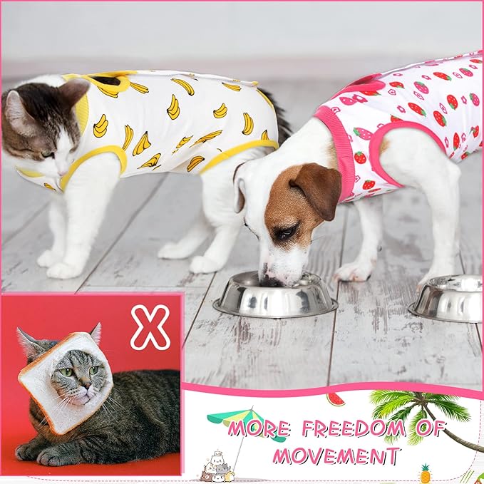 3 Pieces Cat Recovery Suit Kitten Recovery Suit E-Collar Alternative for Cats and Dogs Abdominal Skin Anti Licking Pajama Suit (Strawberry Pattern, Small)