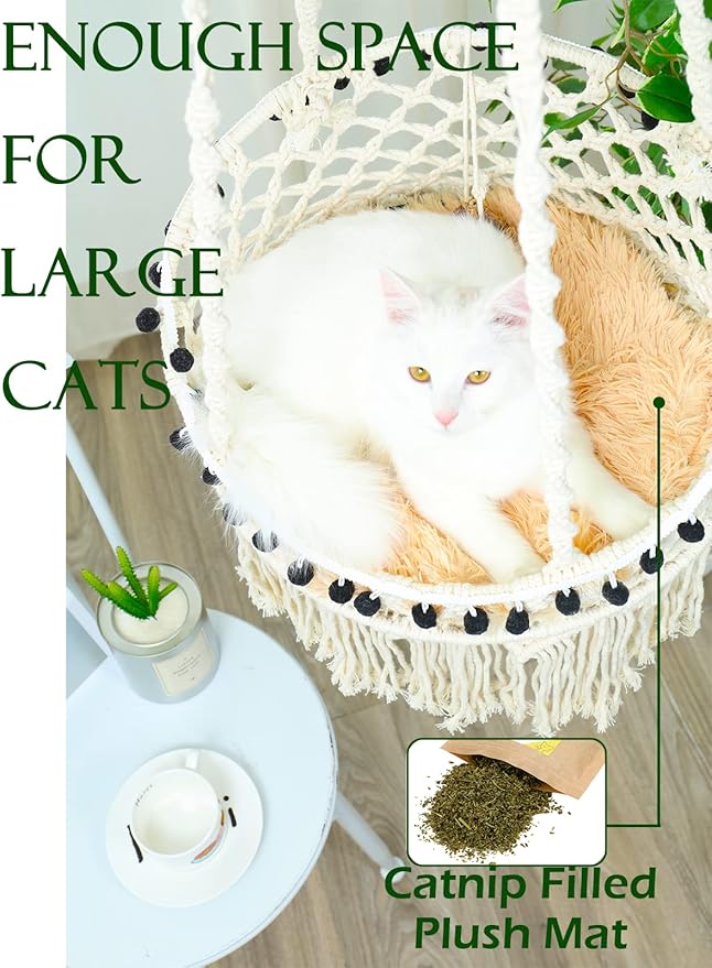 Cat Macrame Hammock for Larger Cats,Hanging Cat Bed Chair Boho Cat Swing Bed with Catnip Cushion and Scratching Mat