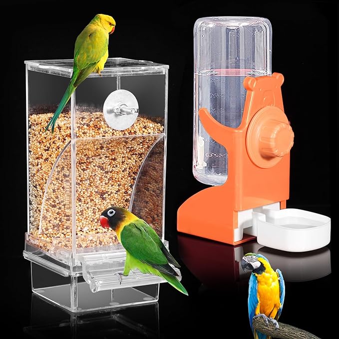 Bird Water Dispenser,No Mess Bird Feeder for Cage, Cockatiel Food,Parrot Cage Accessories,Automatic Bird Drinker for Cage,Parakeet Seed Container Food Feeder Drinker for Cage, Canary Budgies (Orange)