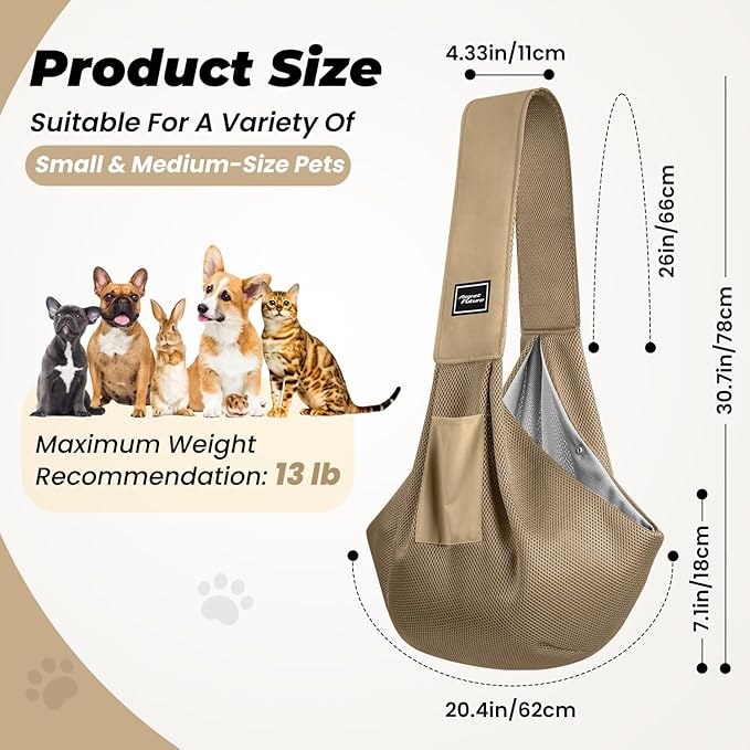 Dog Carrier Sling, Hand-Free Dog Sling Carrier for Small Dogs and Cats，Travel Safety Puppy Bag (Khaki)