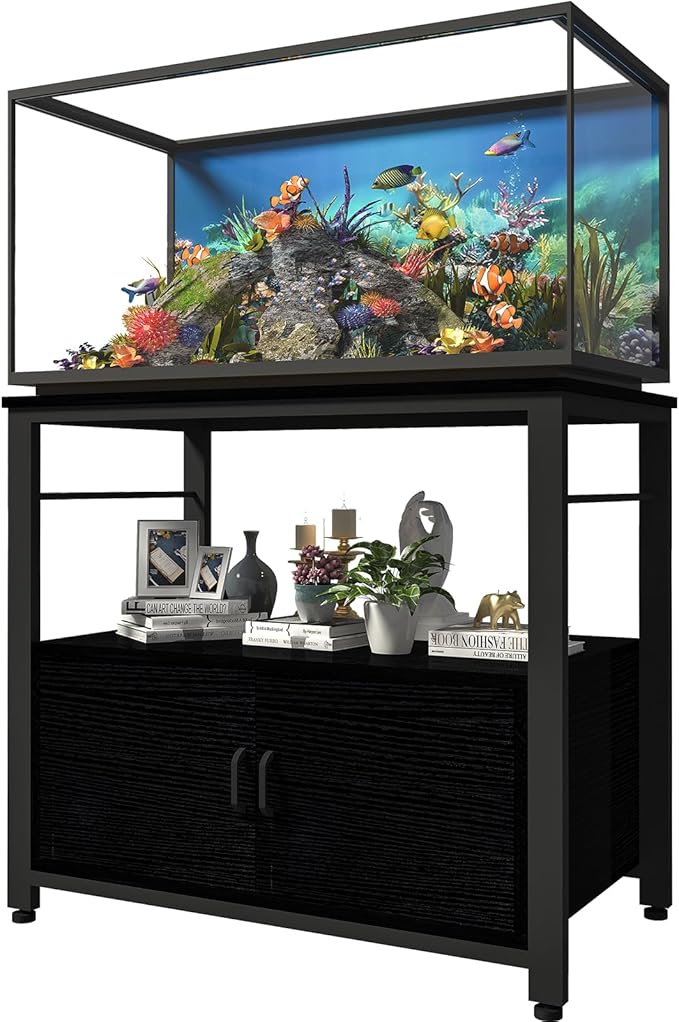 Fish Tank Stand Metal Aquarium Stand with Cabinet Accessories Storage 40-50 Gallon, Double Layer Metal with Storage Weight Capacity 760lbs, Black