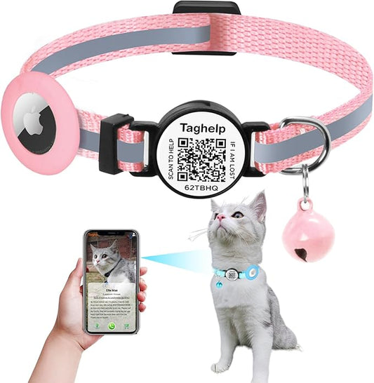 Reflective AirTag Cat Collar, TAGHELP Integrated Air Tag Cat Collar for Apple, Cat Collar with AirTag Holder and Bell, Tracker Cat Collars for Girl Boy Cats, Kittens and Puppies (Pink A)