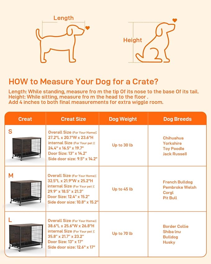 Dog Crate Furniture, 2024 Deluxe Wooden Dog Kennel with Removable Tray and Wheels, Heavy-Duty Double-Doors 27.2" Dog Cage End Table, Indoor Dog House for Large Dogs (Brown & Black, Small)