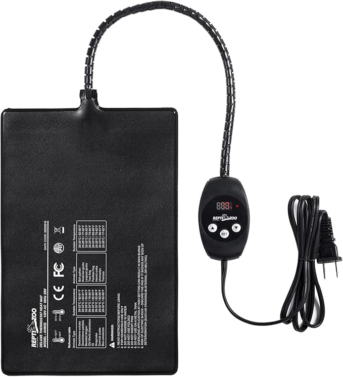 REPTI ZOO Upgrade Reptile Heat Mat with Thermostat - 8 x 12 Inch Reptile Heating Pad with Temperature Control for 30-40 gal Tank Reptiles Amphibians Hermit Crab Snake Lizard